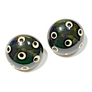 Vintage Pierced Earrings Round Black Domes Mod White Polka Dots 1980s Boss Lady